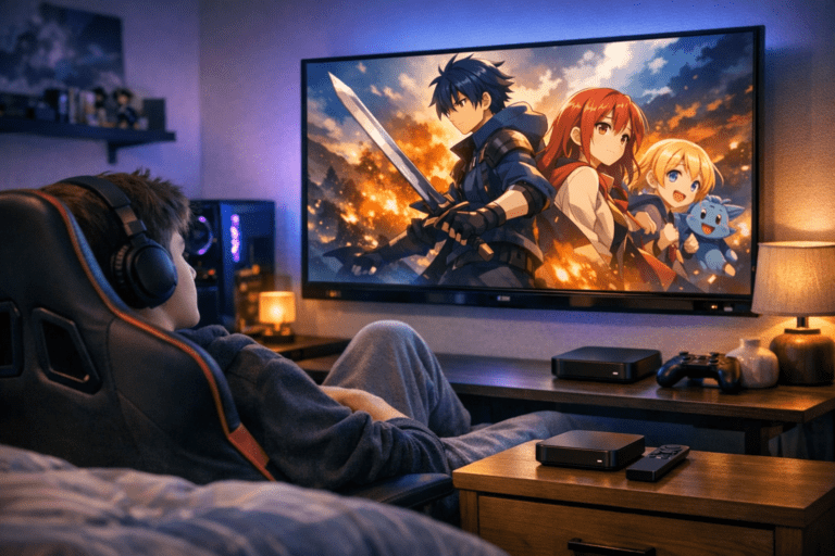 Adolescent seul dans sa chambre regardant un anime sur un écran grâce à un boîtier TV.